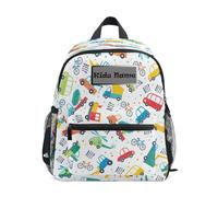 HMZXZ Mini mochila personalizada para niñas y niños, linda mochila de transporte personalizada, con diseño de coche, autobús, mochila escolar con nombre y texto para niños, multicolor