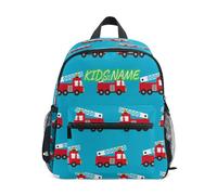 HMZXZ Mini mochila personalizada para niños y niñas, diseño de camión de bomberos rojos, mochila infantil personalizada para coche, mochila escolar con nombre y texto para niños, multicolor