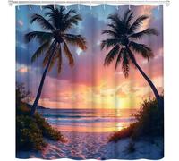 HNBFKD Cortina de Ducha con Amanecer en la Playa, océano, Palmera Costera, Atardecer, Cielo Tropical Naranja, Paisaje Marino, Costa, Isla, Naturaleza 300x200cm/(WxH)