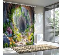 HNBFKD Cortina de Ducha Cueva Mística - Tema Bosque Encantado y Sendero Floral para la decoración del baño, Que añade la Magia y la Serenidad de la Naturaleza 100x210cm/(WxH)