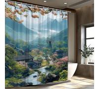HNBFKD Cortina de Ducha de poliéster: Pueblo de montaña brumoso con Flores y Escena de río, Ideal para Colgar en el baño Durante Todo el año. 100x200cm/(WxH)
