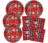 HNH Platos de Papel Navidad Rojo escocés 20 personas Platos y Servilletas de papel para fiestas