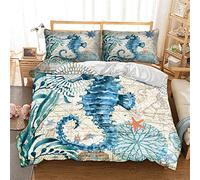 HNHDDZ Ropa de Cama 200x200 Animal 3D Caballo de Mar Ballena Tortuga Pulpo Delfín Vida Marina Azul Impresión Funda de Almohada y Funda nórdica Cama 135 cm