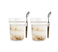 Hniuyun Paquete de 2 tarros de avena para la noche con tapas y cuchara, tarros herméticos de 10 onzas con marcas de medición, tarros Mason con tapa para ensaladas, gachas, frutas (blanco + blanco)
