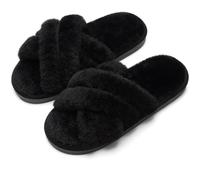 HNJZX Pantuflas peludas con banda cruzada para mujer, suaves y abiertas, esponjosas, cómodas, para interiores y dormitorios, Black, 41.5 EU