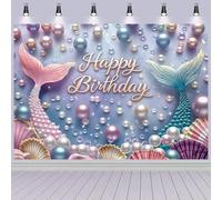 Hnmdmyi 1.5x1m Telón de Fondo Feliz Cumpleaños Bajo El Mar Cola De Sirena Perla Concha Fondo De Fotografía Océano Tema Princesa Niña Decoraciones para Fiesta De Cumpleaños Accesorios para Fotomatón