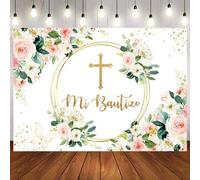 Hnmdmyi 1.8x1.2m Telón de Fondo Mi Bautizo Dios Bendiga Español Bautizo Niña Primera Comunión Rosa Floral Oro Purpurina Fotografía Fondo Recién Nacido Baby Shower Fiesta Decoraciones Photo Booth Props