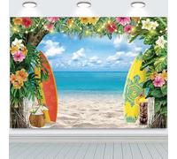 Hnmdmyi 1.8x1.2m Telón de Fondo Playa Verano Hawaiano Tropical Palm Leaves Flores Tabla de Surf Cielo Azul Fotografía de Fondo Boda Baby Shower Cumpleaños Luau Fiesta Decoración Photo Booth Props