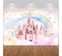 Hnmdmyi 2.1x1.5m Telón de Fondo Castillo Rosa Nublado Pastel Arco Iris Princesa Castillo Mariposa Floral Fotografía Fondo Dulce Niñas Princesa Fiesta de Cumpleaños Decoración Banner Photo Booth Props