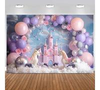 Hnmdmyi 2.1x1.5m Telón de Fondo Castillo Rosa Púrpura Globos Floral Princesa Castillo Fotografía Fondo Dulce Niñas Princesa Fiesta de Cumpleaños Pastel Decoración de la Mesa Banner Photo Booth Props