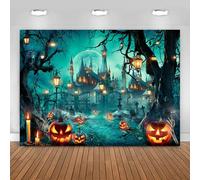 Hnmdmyi 2.1x1.5m Telón de Fondo Halloween Luna Llena Noche de Miedo Castillo Cementerio Linterna de Calabaza Fondo de Fotografía Niños Adultos Familia Decoraciones de Fiesta de Halloween Banner