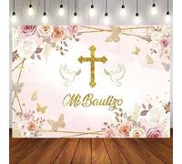 Hnmdmyi 2.1x1.5m Telón de Fondo Mi Bautizo Dios Bendiga Primera Comunión Bautizo Acuarela Rosa Floral Fotografía Fondo Niña Bautizo Recién Nacido Baby Shower Fiesta Decoración Banner Photo Booth Props