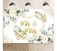 Hnmdmyi 2.1x1.5m Telón de Fondo Mr & Mrs Blanco Floral Corazones Geométrica Oro Mariposa Puntos Fotografía de Fondo Ducha de Novia Novia a Ser Compromiso Boda Fiesta Decoraciones Photo Booth Props