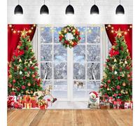 Hnmdmyi 2.1x1.5m Telón de Fondo Navidad Ventana Bosque de Invierno Nieve Árbol Regalos Cortina Roja Fotografía Fondo Familia Niños Navidad Año Nuevo Fiesta Decoraciones Banner Photo Booth Props