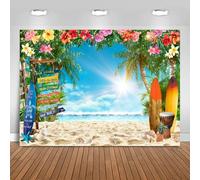 Hnmdmyi 2.1x1.5m Telón de Fondo Playa Verano Tropical Palm Tree Flor Tabla de Surf Street Sign Azul Cielo Fotografía Fondo Boda Cumpleaños Hawaiian Luau Aloha Fiesta Decoraciones Photo Booth Props