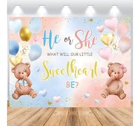 Hnmdmyi 2.1x1.5m Telón de Fondo revelación de género Globos de Oso Azul o Rosa Él o Ella Qué Será Nuestro Pequeño Amorcito Fondo de Fotografía Decoración para Fiesta de Revelación de Sexo
