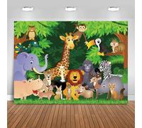 Hnmdmyi 2.1x1.5m Telón de Fondo Selva Tropical Bosque de Dibujos Animados Safari Animales Jirafa León Elefante Mono Fotografía de Fondo Baby Shower Kids Birthday Party Decorations Photo Booth Props