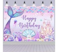 Hnmdmyi 2.1x1.5m Telón de fondo Sirena bajo el mar púrpura cola de sirena de ensueño Castillo Shell Pearl Feliz Cumpleaños Fotografía Fondo Princesa Niña Cumpleaños Decoración Banner Photo Booth Props