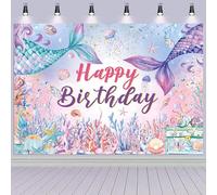 Hnmdmyi 2.1x1.5m Telón de Fondo Sirena bajo el mar Verde Azulado púrpura Sirena Colas Coral Feliz cumpleaños fotografía de Fondo Princesa niña Sirena Tema de la Fiesta de cumpleaños Decoraciones