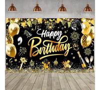 Hnmdmyi 2.4x1.8m Telón de Fondo Feliz Cumpleaños Globos Dorados Negros Banderas Fuegos Artificiales Fondo de Fotografía Niños Hombres Mujeres Decoraciones para Fiesta de Cumpleaños Banner
