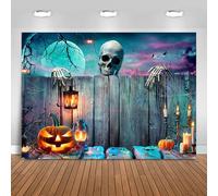 Hnmdmyi 2.4x1.8m Telón de Fondo Halloween Esqueleto de Madera Pared Calabaza Linterna Horror Luna Noche Fotografía Fondo Niños Adulto Familia Halloween Party Decorations Banner Photo Booth Props