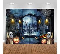 Hnmdmyi 2.4x1.8m Telón de Fondo Halloween Luna Llena Cementerio Espeluznante Castillo Embrujado Tela de Araña Calabaza Linterna Fotografía Fondo Niños Adulto Familia Halloween Party Decoraciones