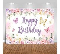 Hnmdmyi 2.4x1.8m Telón de Fondo Mariposa Rosa y Púrpura Floral Mariposa Fondo de Fotografía de Feliz Cumpleaños Princesa Niñas Fiesta de Cumpleaños Decoraciones para Baby Shower Banner