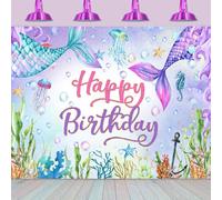Hnmdmyi 2.4x1.8m Telón de Fondo Sirena Bajo el Mar Azul Púrpura Colas de Sirena Feliz Cumpleaños Fotografía Fondo Chica Princesa Sirenita Fiesta de Cumpleaños Decoraciones Banner Photo Booth Props
