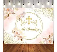 Hnmdmyi 3.6x3m Telón de Fondo Mi Bautizo Dios Bendiga Primera Comunión Boho Rosa Floral Fotografía Fondo Bautizo Niña Recién Nacido Baby Shower Decoraciones Fiesta Banner Photo Booth Props