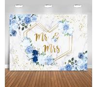 Hnmdmyi 3.6x3m Telón de Fondo Mr & Mrs Azul y Blanco Flores Corazones Geométrica Fotografía de Fondo Ducha de Novia Novia a ser Boda de Compromiso Decoraciones Banner Photo Booth Props