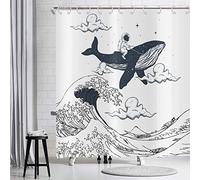 Hnmdmyi Cortina de Baño 180x200, Astronautas Montando Ballenas en el Océano, Arte Oriental Vintage Kanagawa Japanese Waves, Lavable e Impermeable para Niños