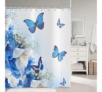 Hnmdmyi Cortina de Baño Azul 180x180, Flores y Mariposas Naturaleza Sueño Fantasía Jardín Cortina de Baño Tejido Poliéster Impermeable Lavable Cortina de Baño con Ganchos