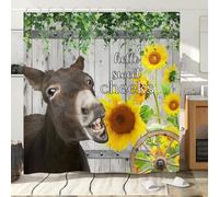 Hnmdmyi Cortina de Baño Burro Divertido 180x200, Farmhouse Western Animal Vintage Girasol Verde Hojas en Madera Rústica Cortina de Baño Tejido de Poliéster Impermeable Lavable Cortina de Baño