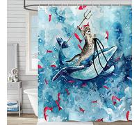 Hnmdmyi Cortina de Baño Divertida Gato 120x200, Cortina de Baño Hilarante Gato Montando Ballena en Ola del Océano Niños Bonitos Acuarela Azul Tela de Poliéster Impermeable Lavable Cortina de Baño