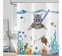 Hnmdmyi Cortina de baño Divertida Gato 180x180, Cortina de baño Gatito Nadando en Azul Turquesa océano Tortuga Marina pez Tropical Medusa Estrella de mar Coral Cortina de baño náutica para niños