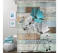 Hnmdmyi Cortina de Baño Flores Rústicas 240x180, Granja Turquesa Flor de Margarita y Mariposa en Tabla de Madera Vintage, País Puerta de Granero Tela Impermeable Lavable