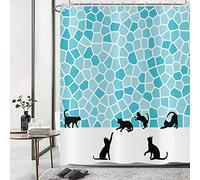 Hnmdmyi Cortina de baño Funny Cat 165x180, Cortina de baño Abstracta con Silueta de Gato Negro y Mosaico Azul Cortina de baño de Tejido de poliéster Impermeable Lavable para baño con Ganchos