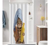 Hnmdmyi Cortina de Baño Gato Gracioso 90x180, Gatito Bonito Marrón con Esponja de Baño Champú y Toalla Azul Cortina de Baño Niños Dibujos Animados Tejido de Poliéster Impermeable Tejido Lavable