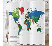 Hnmdmyi Cortina de Baño Mapa del Mundo 180x200, Geografía Países Capitales Coloridas Cortinas de Baño Niños Cortina de Baño Tejido de Poliéster Impermeable Lavable para Baño con Ganchos