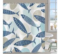 Hnmdmyi Cortina de Baño Pescado Azul 165x180, Cortina de Baño Abstracta Pescado Caricatura Océano Animal Divertida Creativa Geométrica Cortina de Baño Tejido Poliéster Impermeable Lavable con Ganchos