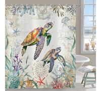 Hnmdmyi Cortina de Baño Tortuga Marina 120x200, Cortina de Baño Náutica Océano Animal Submarino Estrella de Mar Coral Ancla Vida Marina Vintage Cortina de Baño Tejido Poliéster Impermeable Lavable