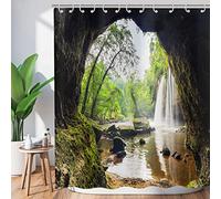Hnmdmyi Cortina de Ducha 180x200, Tropical Selva Bosque Verde Árbol Planta Naturaleza Montaña Cueva Cascada Paisaje Cortina de Baño Tejido de Poliéster Impermeable Lavable