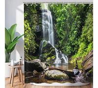 Hnmdmyi Cortina de Ducha Bosque 180x200, Tropical Selva Bosque Verde Árbol Planta Naturaleza Cascada Paisaje Cortina de Baño Tejido Poliéster Impermeable Lavable Cortina de Baño con Ganchos