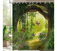 Hnmdmyi Cortina de Ducha Bosque Encantado 120x180, Verde Árbol Flores Mariposa Naturaleza Hada Jardín País de Las Maravillas Bosque Impermeable Tejido de poliéster Lavable Cortina de baño con Ganchos