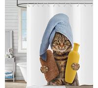 Hnmdmyi Cortina de ducha con diseño de gato divertido, 180 x 200, bonito gatito marrón con esponja de baño, champú y toalla azul, cortina de bañera, cortina de baño para niños, dibujos animados