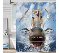 Hnmdmyi Cortina de Ducha Divertida 90x180, Cool Dog Riding Shark Cortinas de Ducha Océano Olas de Mar Gaviota Pez Azul Lindo Niños Cortina de Bañera Tela Impermeable Cortina de Baño Lavable