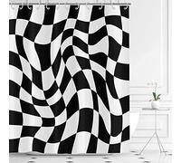Hnmdmyi Cortina de Ducha en Blanco y Negro Groovy Checkerboard 180x200, 70s Retro Moderno Abstracto Psicodélico Groovy Ondulado Estético Hippie Funky Tela Impermeable Lavable Cortina de Baño
