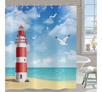 Hnmdmyi Cortina de Ducha Faro 180x200, Océano Playa Gaviota Cielo Azul Nubes Blancas Paisaje Cortina de Bañera Tela de Poliéster Impermeable Lavable Cortina de Baño con Ganchos