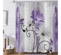 Hnmdmyi Cortina de Ducha Flores de Granja 180x180, Rústico Púrpura Flores de Margarita y Mariposa en el País Tabla de Madera Tejido de Poliéster Impermeable Lavable Cortina de Baño con Gancho