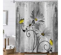 Hnmdmyi Cortina de Ducha Flores de Granja 180x200, Rústico Gris Flores de Margarita y Mariposa en el País Tabla de Madera Tejido de Poliéster Impermeable Lavable Cortina de Baño con Gancho